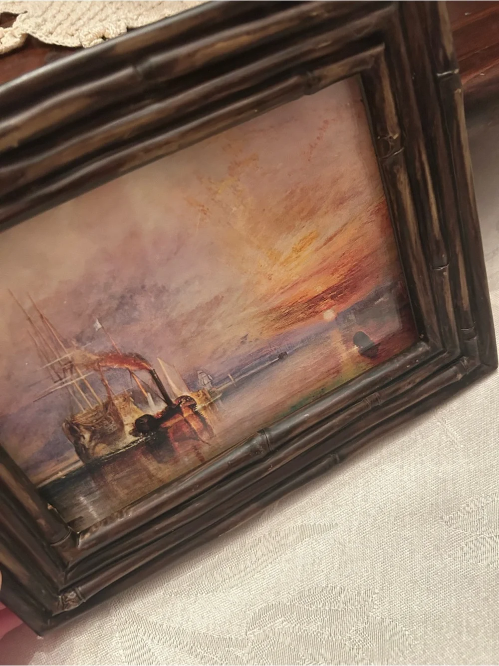 Vintage brown hallmark frame with vintage postcard copy of sailboat oil painting